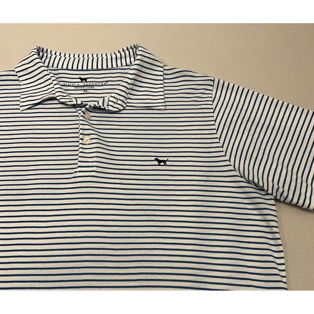 Simply Southern Outfitters Mens XL 100% Cotton Polo Shirt White Blue Stripe